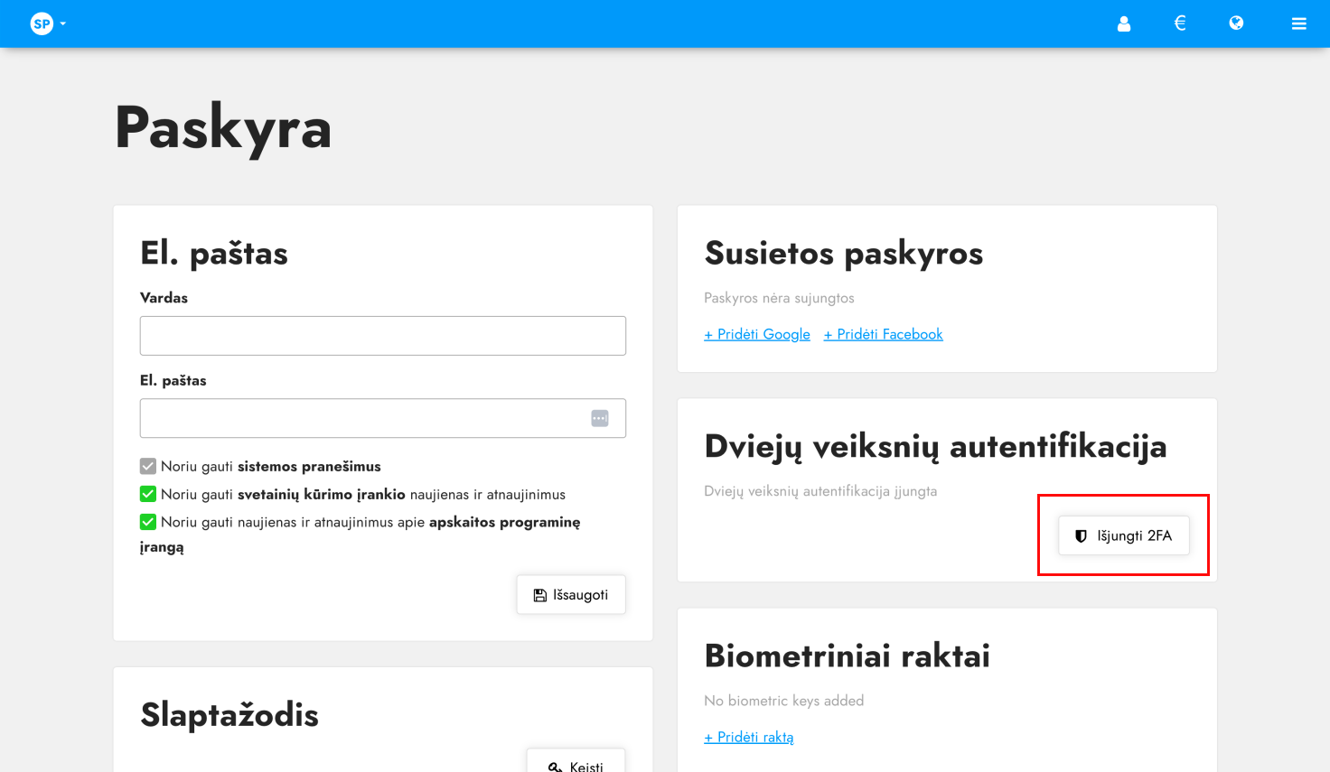 2FA išjungimo mygtukas Site.pro